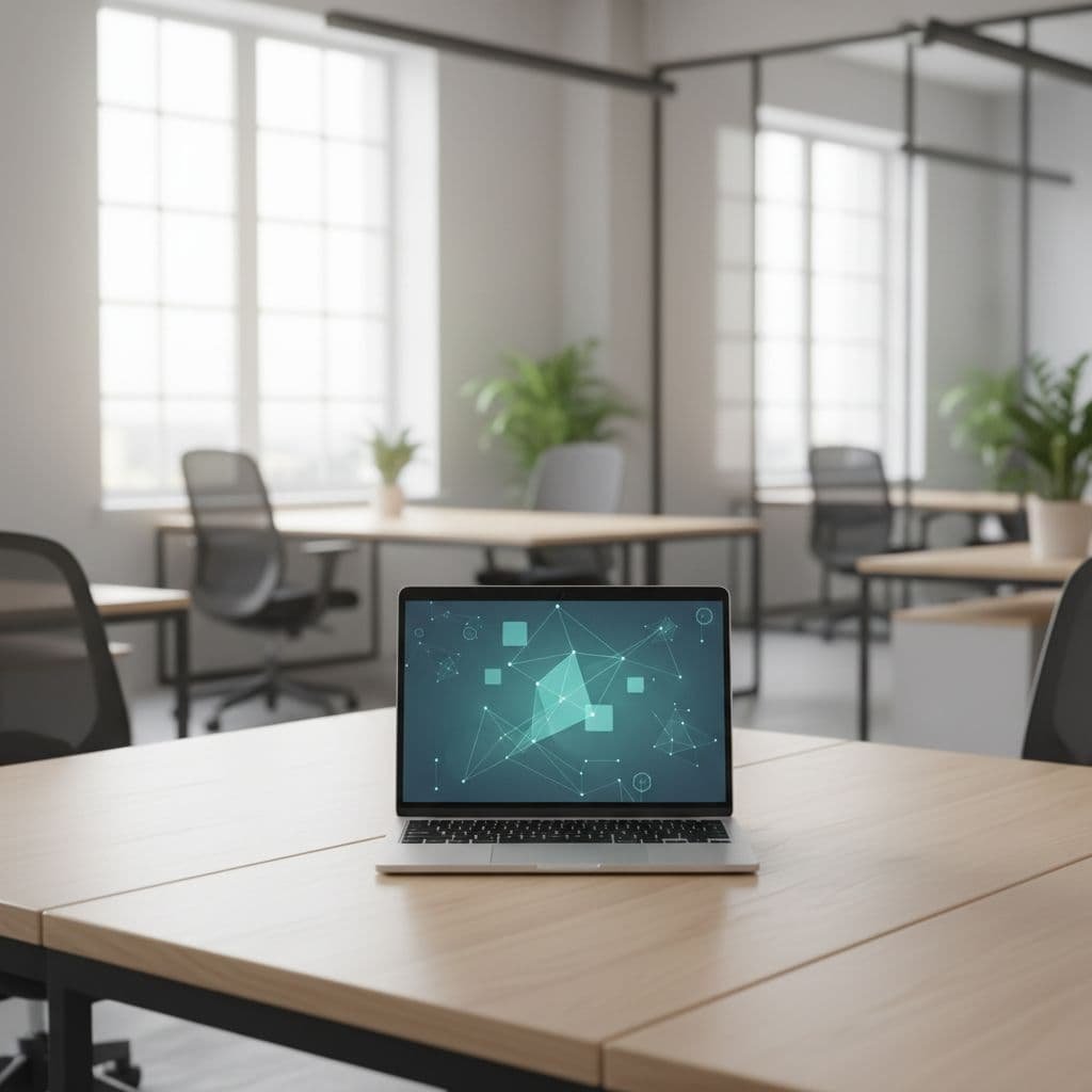 A single laptop sits on a clean wooden desk in a bright, minimalist office setting.