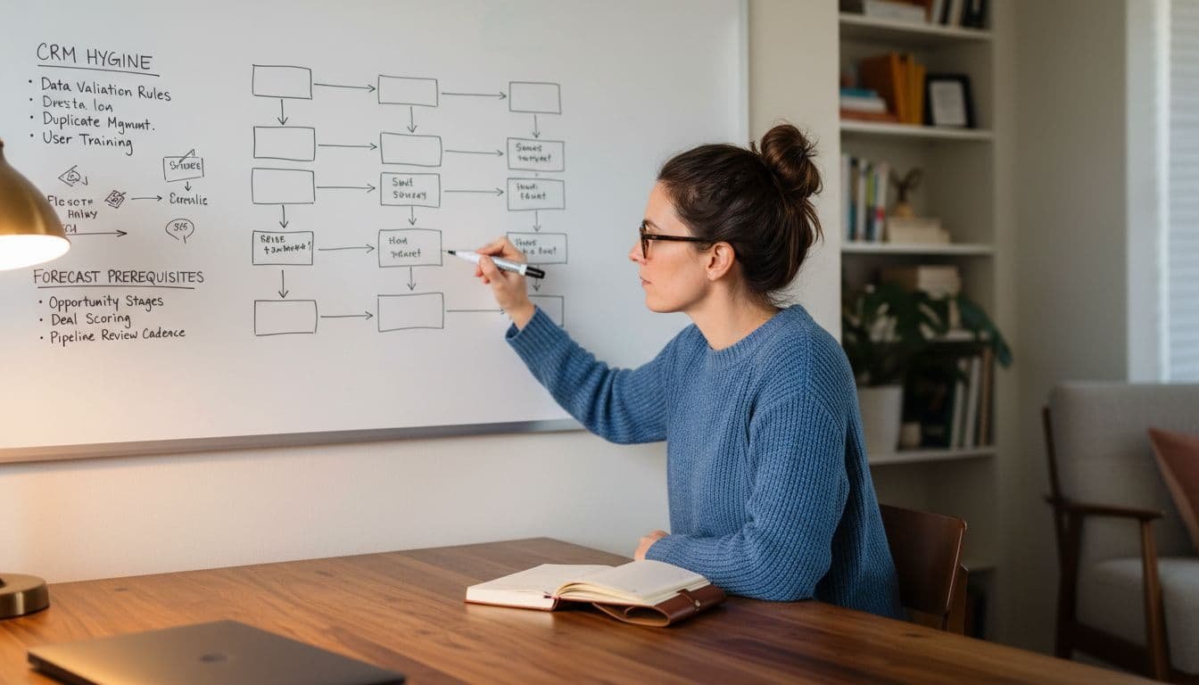 RevOps leader at desk draws sales process flowchart on whiteboard in warm-lit home office.