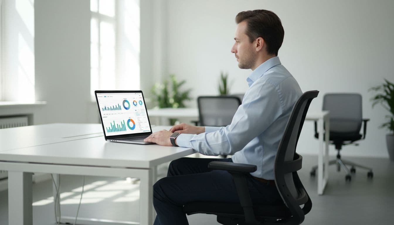 RevOps team member in modern office reviews SaaS commission dashboard on angled laptop.