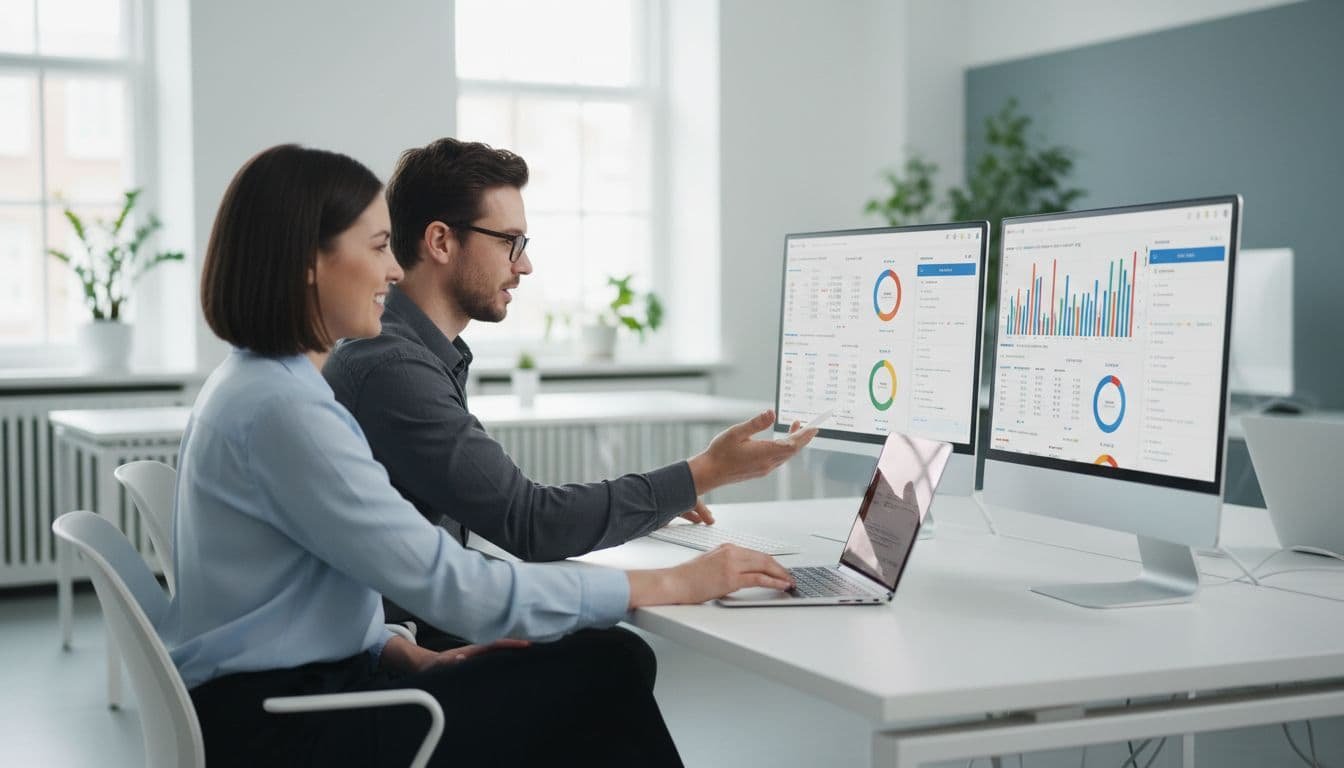 Two professionals at desks with laptops view blurred financial close dashboards in bright office.