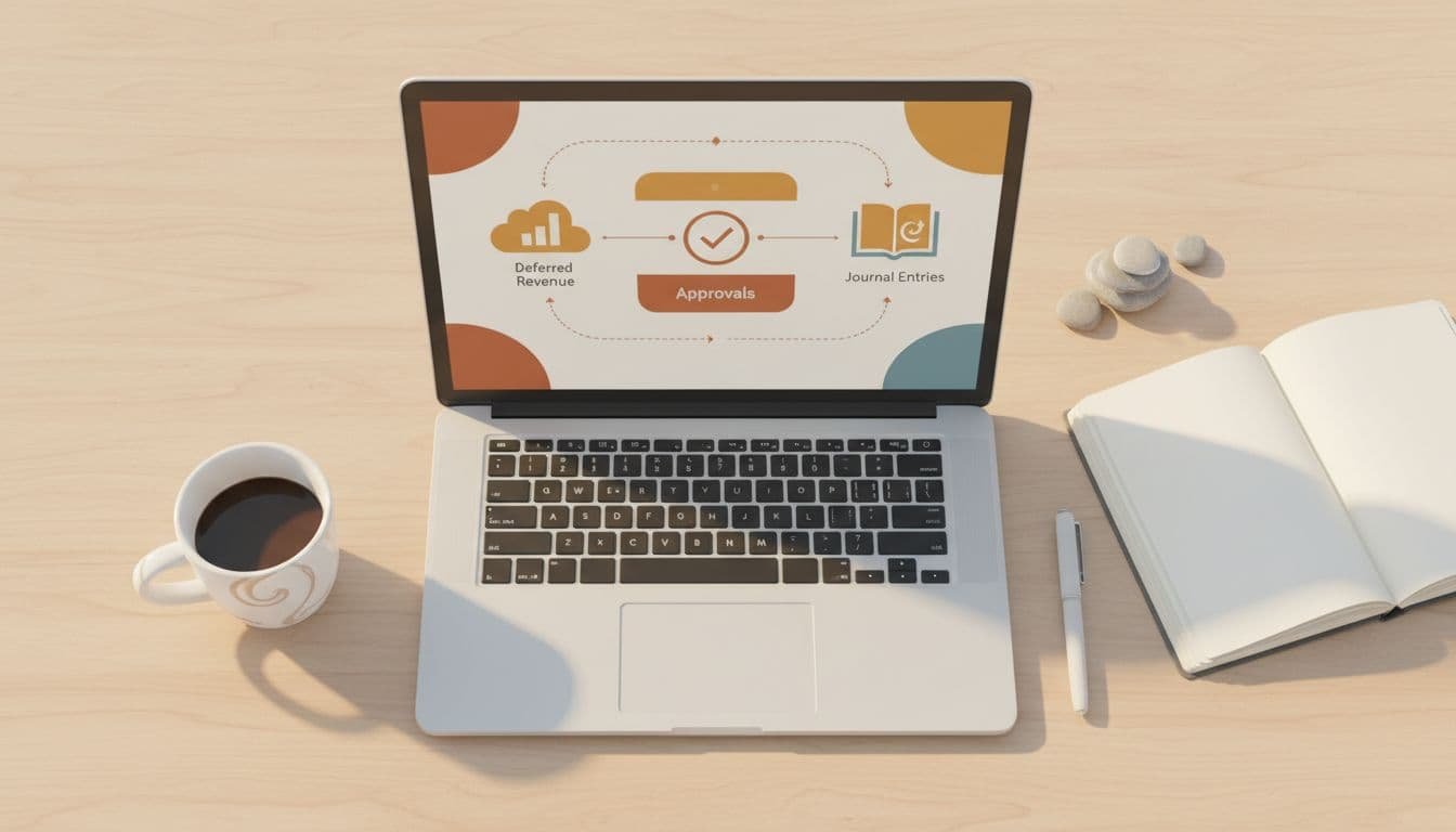Top-down view of minimalist desk with laptop, coffee mug, notebook, and abstract icons for approvals, deferred revenue, journal entries.