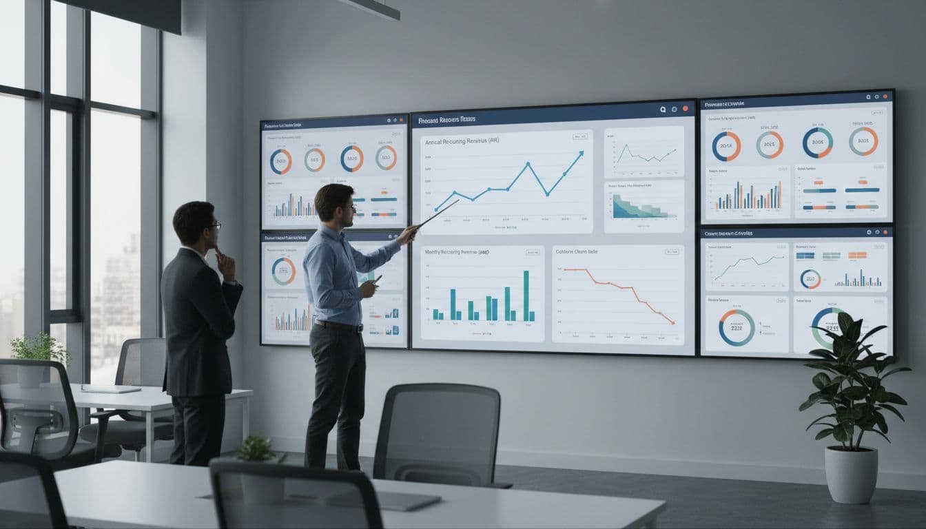 Two analysts in modern office examine multi-screen dashboard with ARR, MRR, churn charts; one points at graph.