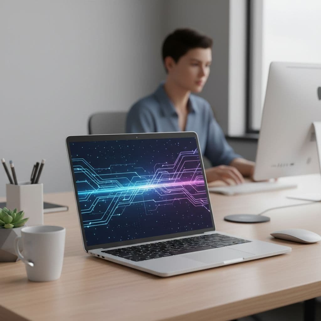 A glowing network visualization appears on a laptop screen atop a clean, minimalist office desk.