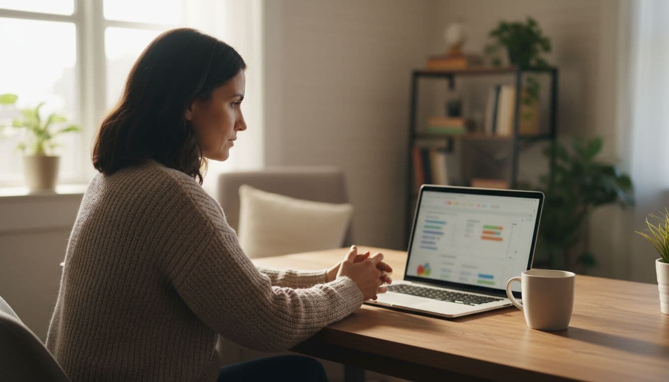 Solo marketer at home office desk with hands on laptop showing blurred keyword charts and opportunity lists, coffee mug nearby.