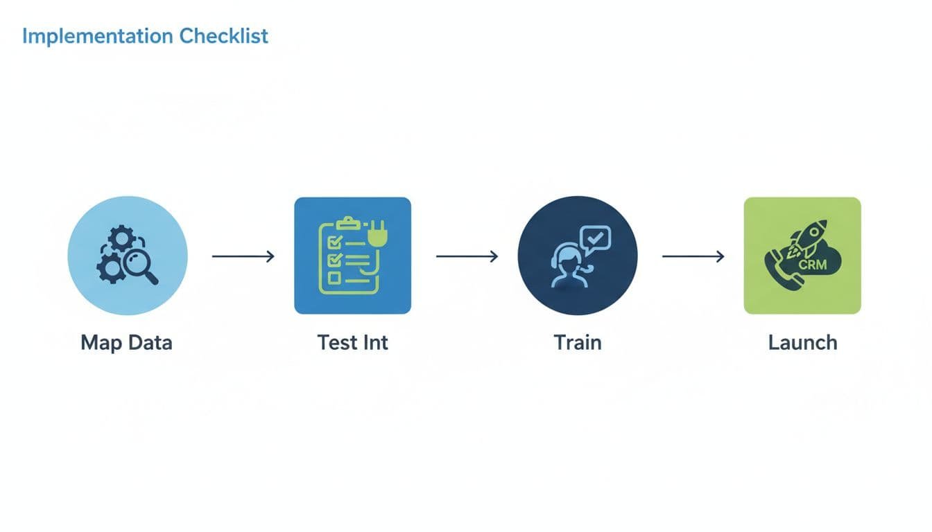 Compact flowchart on whiteboard shows four steps: Map Data, Test Int, Train, Launch with icons in blue-green tones.