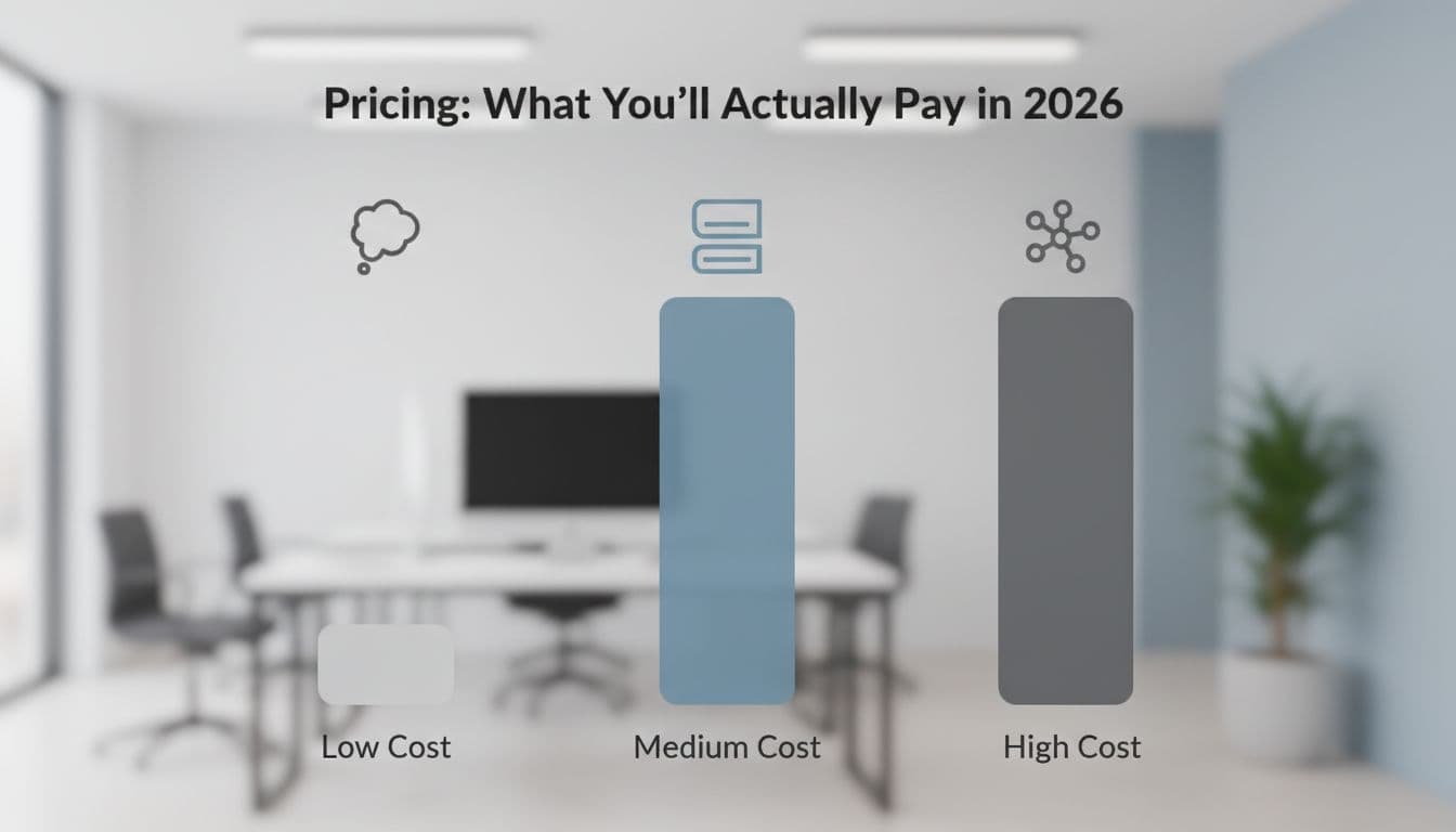 Infographic chart with bars showing low, medium, high costs for three SaaS tools on blurred office background.
