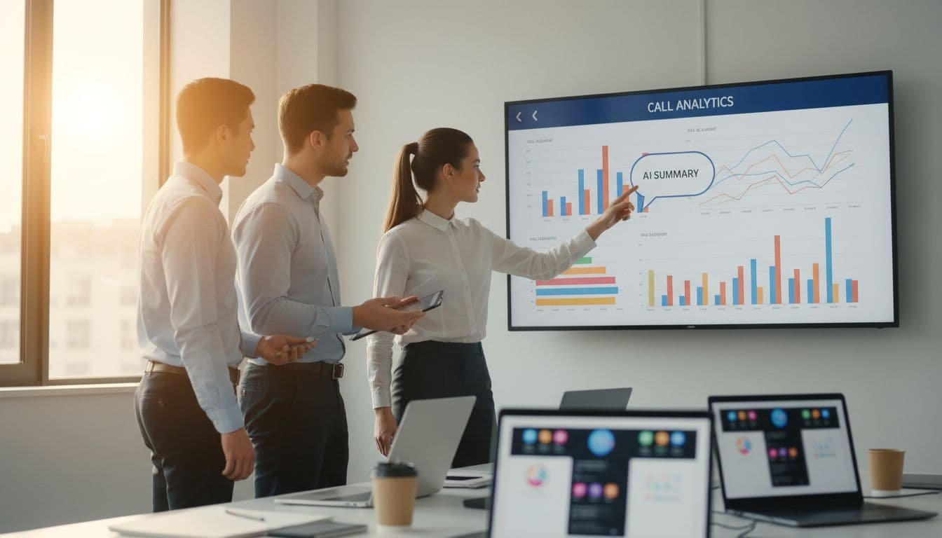 Three professionals in bright office review call analytics on large shared screen, one pointing at graphs, laptops nearby.