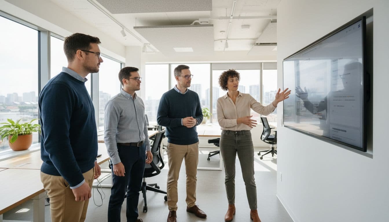 Two people in casual clothes point relaxed hands at large screen showing search results and articles in bright open office.
