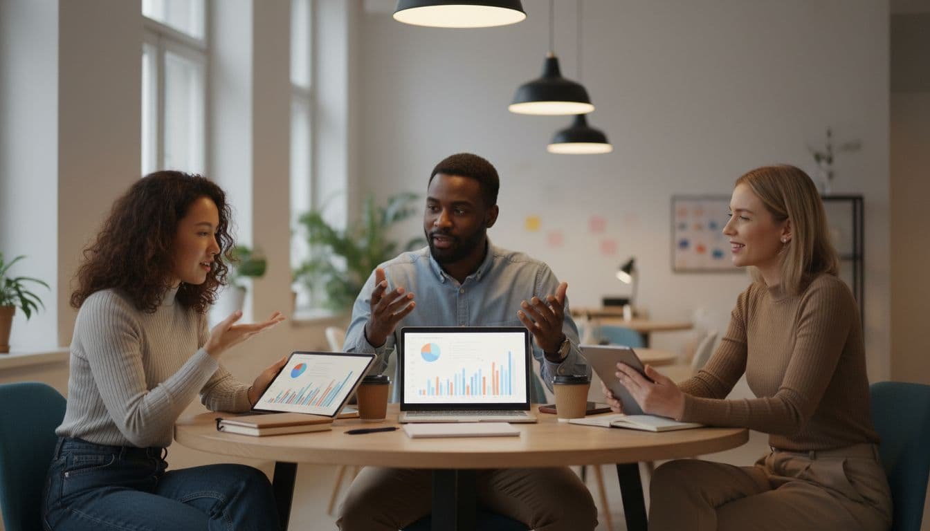 Three diverse professionals around a table discuss commission reports on tablets and laptop in casual office.