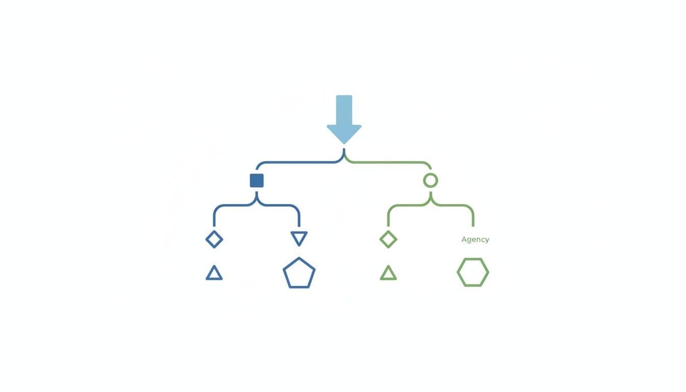 Line art flowchart with branching paths for budget, focus, and team choices on white background.
