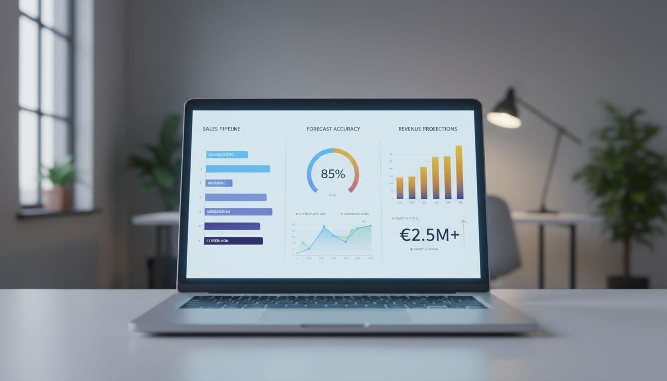 Laptop screen displays clean sales dashboard with pipeline stages, forecast metrics, and revenue projections in quiet workspace.