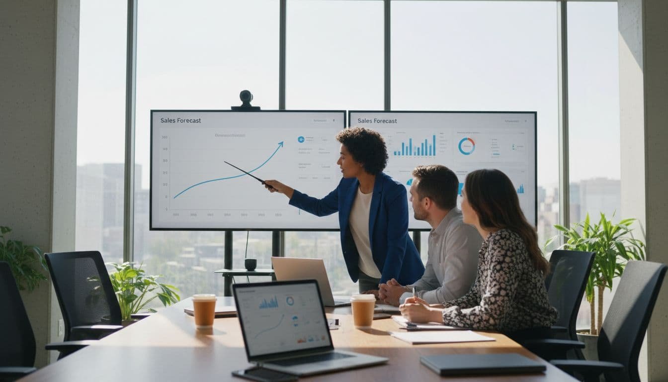 Three people in modern office review sales forecast dashboards on large screens and laptops, one pointing at upward revenue graph.