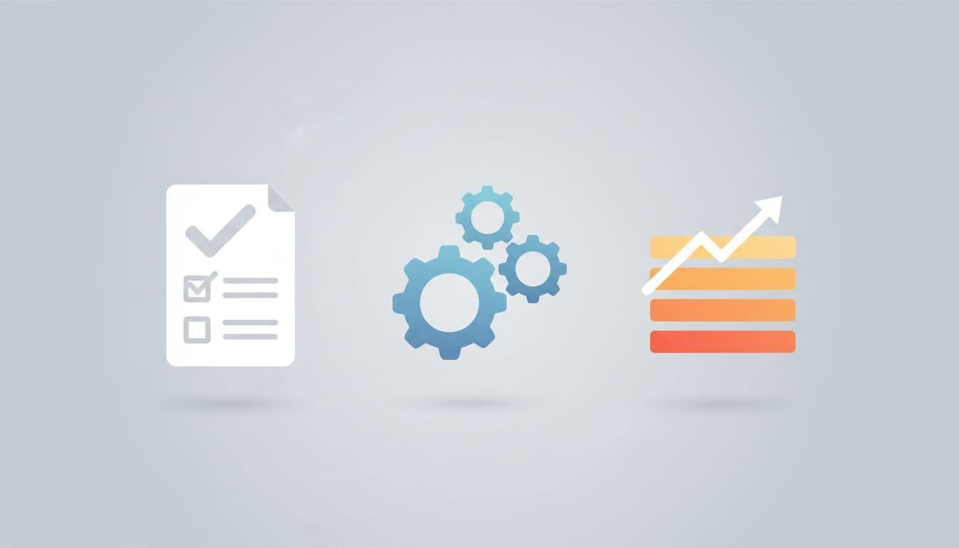 Three abstract icons—a checklist, gear, and report—arranged side-by-side on a neutral background.