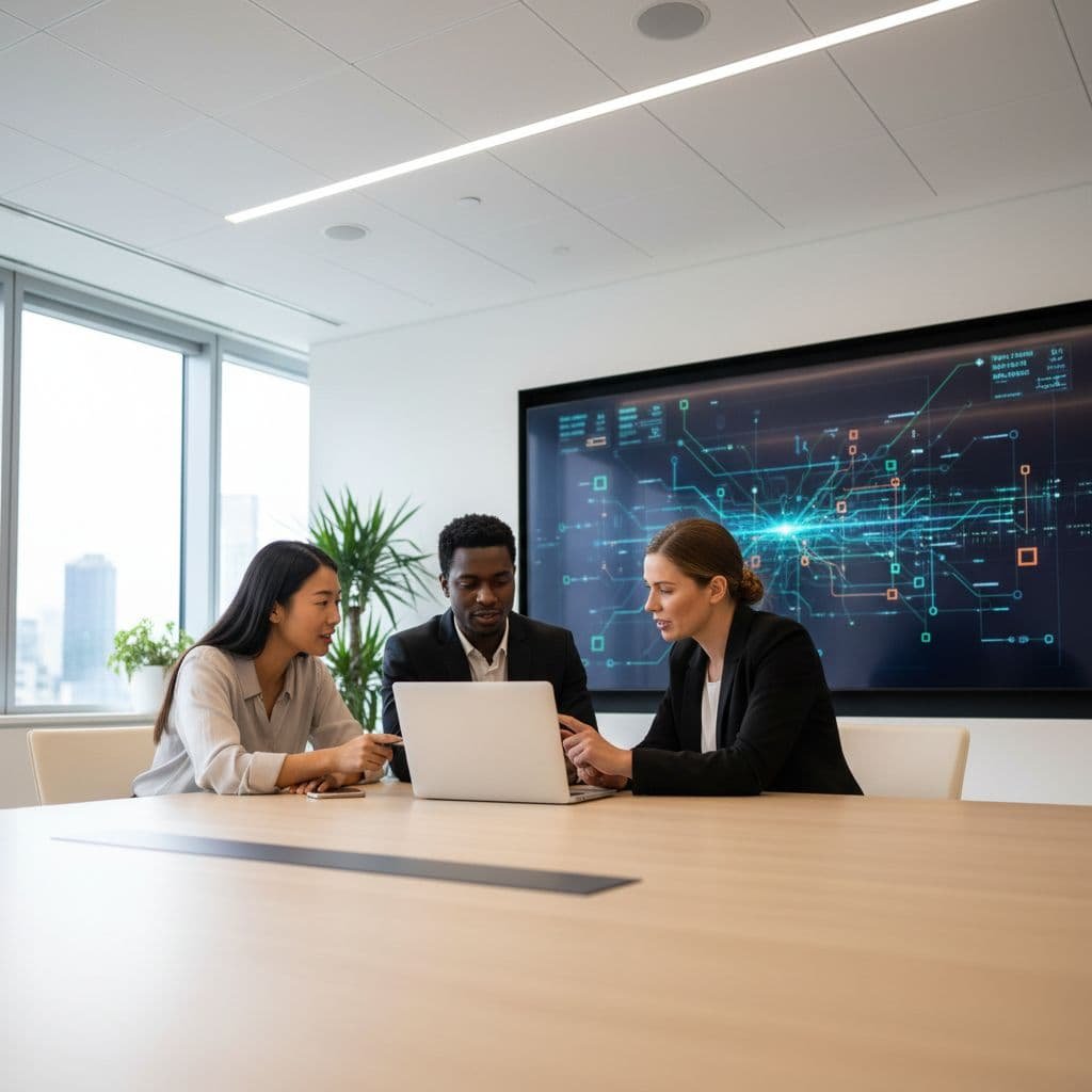 Three professionals collaborate at a table while viewing data visualization charts on a large screen.