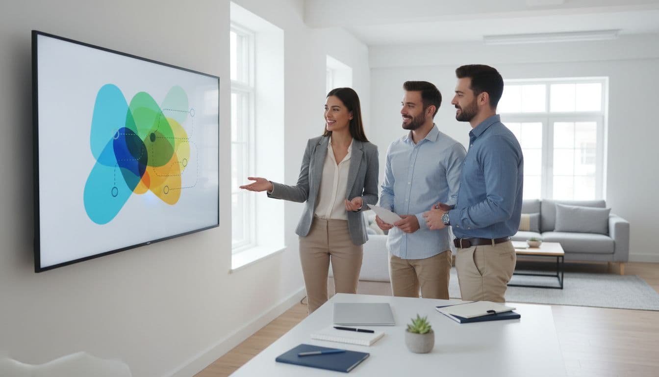 Three professionals stand around a large screen displaying a colorful abstract roadmap in a bright modern office.