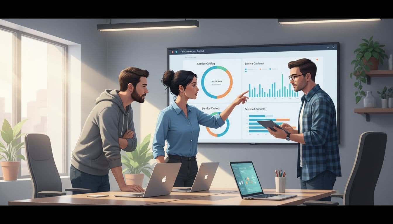 Three developers in modern office review large screen with abstract graphs and scorecards, one pointing.