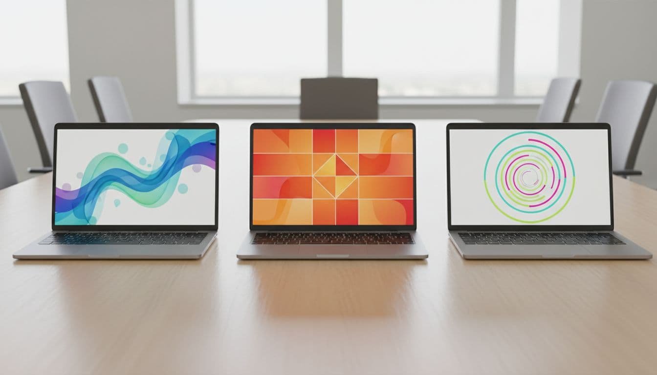 Three laptops side by side on a conference table display abstract analytics charts in different color schemes from top-down view.