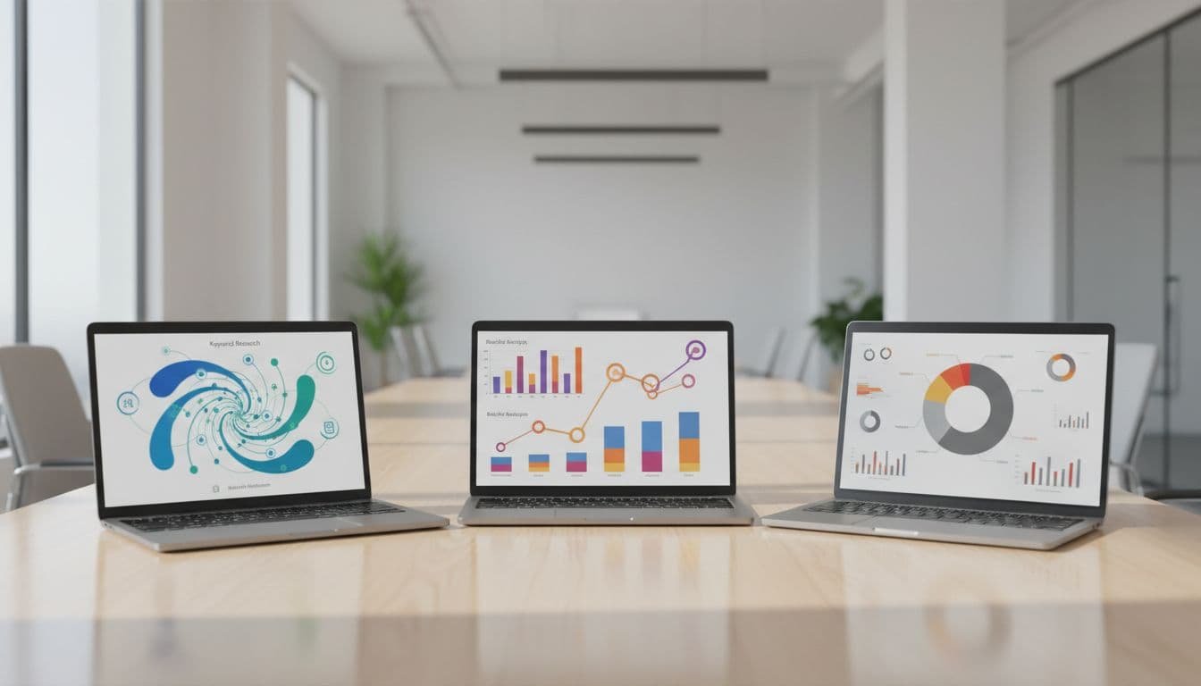 Three laptops side by side on a clean desk show blurred graphs and charts for SEO keyword research, backlinks, and site audits.