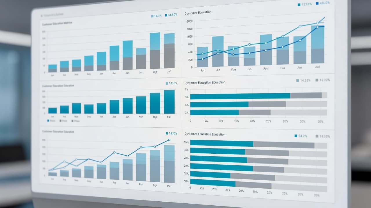 A digital screen displays colorful data visualizations including progress bars and circular charts. The interface features a clean, modern aesthetic with organized graphs set against a soft, out-of-focus professional background.