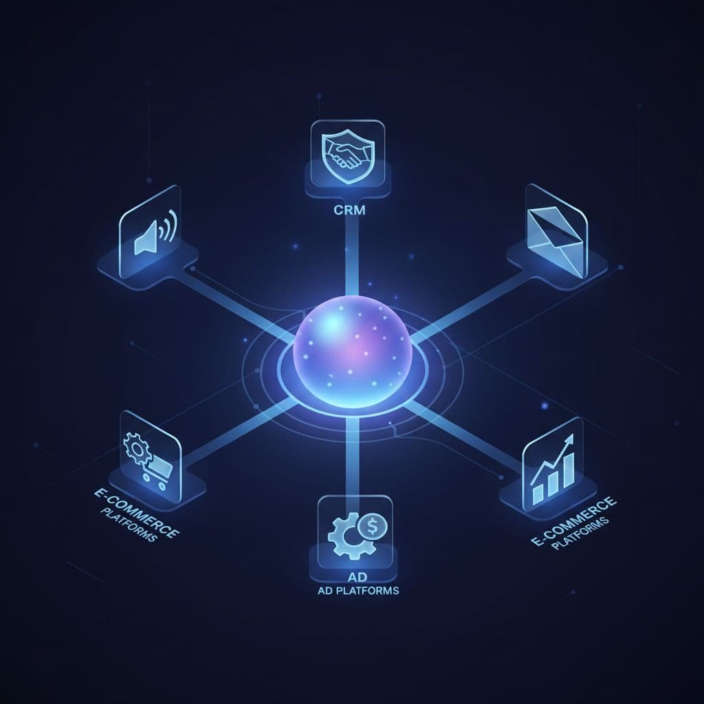 A radiant central orb connects through thin digital pathways to five distinct surrounding icons representing software tools. The clean isometric composition uses soft blue ambient lighting on a muted background.