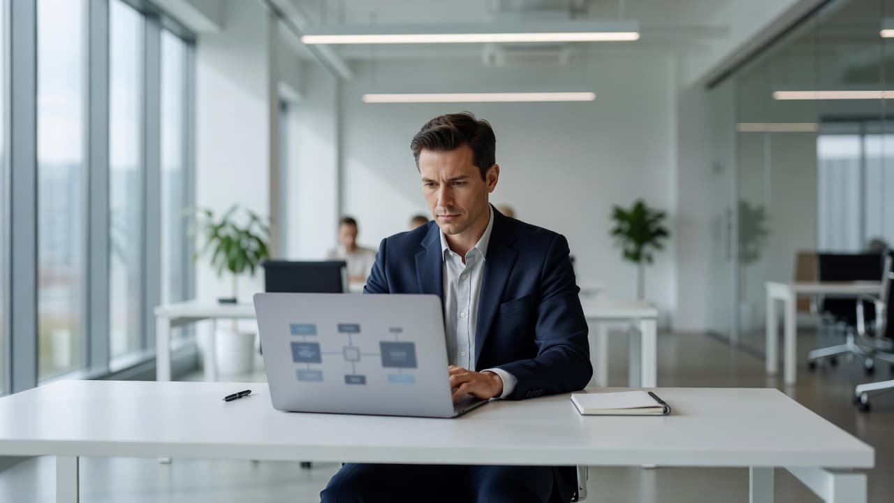 A focused professional sits at a clean, modern desk while reviewing abstract data diagrams on a laptop screen. Soft natural light illuminates the workspace, emphasizing a collaborative and productive atmosphere.
