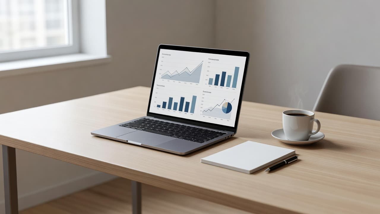 A sleek desk features a laptop screen displaying colorful data analytics charts next to a steaming coffee mug and a leather notepad. Soft sunlight streams across the organized, minimalist workspace surface.