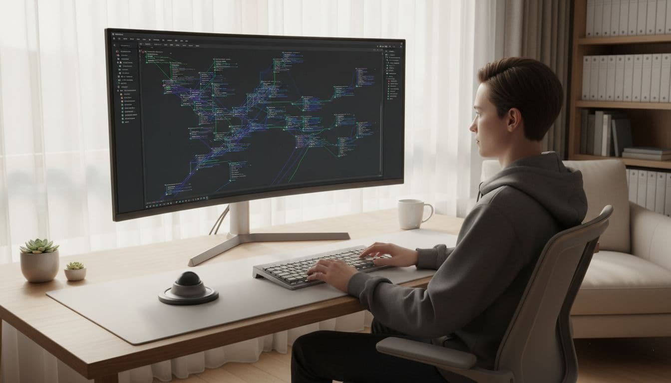 A clean minimalist desk holds a single monitor displaying intricate data visualizations and software traces. Soft daylight illuminates the organized room where a developer focuses on technical debugging tasks.