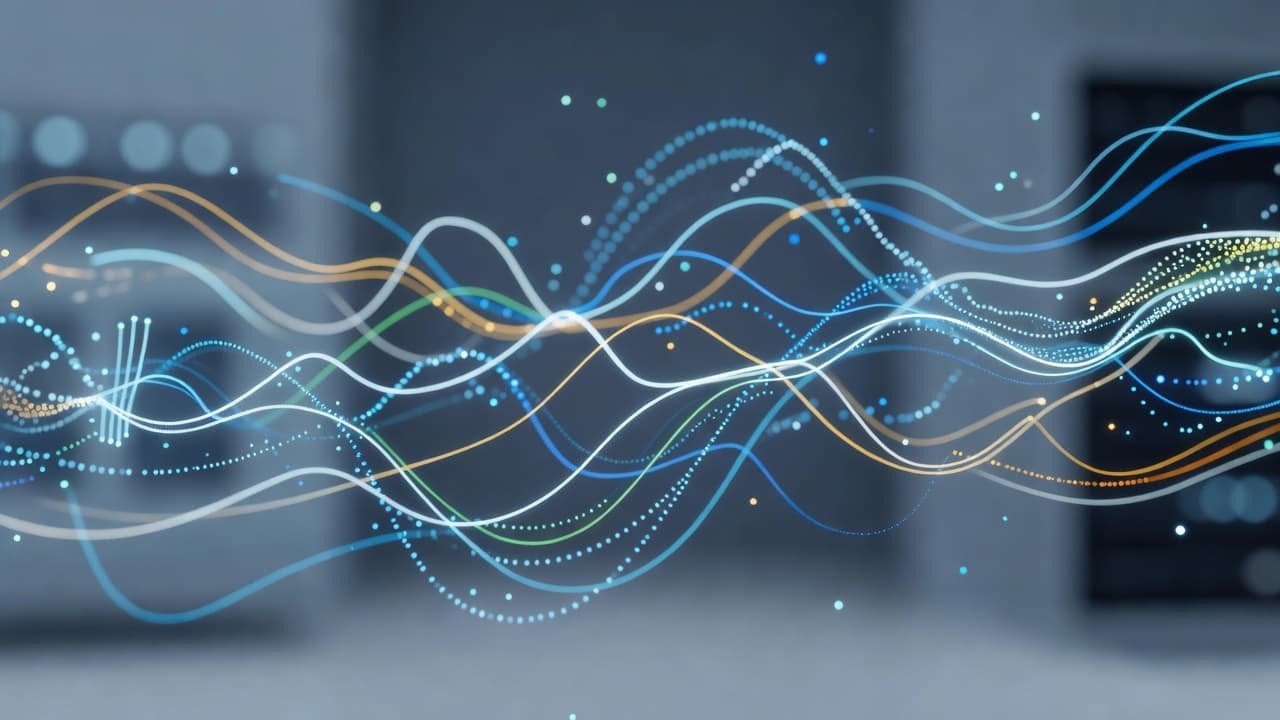 Thin, glowing light streaks weave through a network of floating data nodes against a soft-focus background. These abstract elements illustrate complex performance metrics within a sophisticated professional information technology environment.
