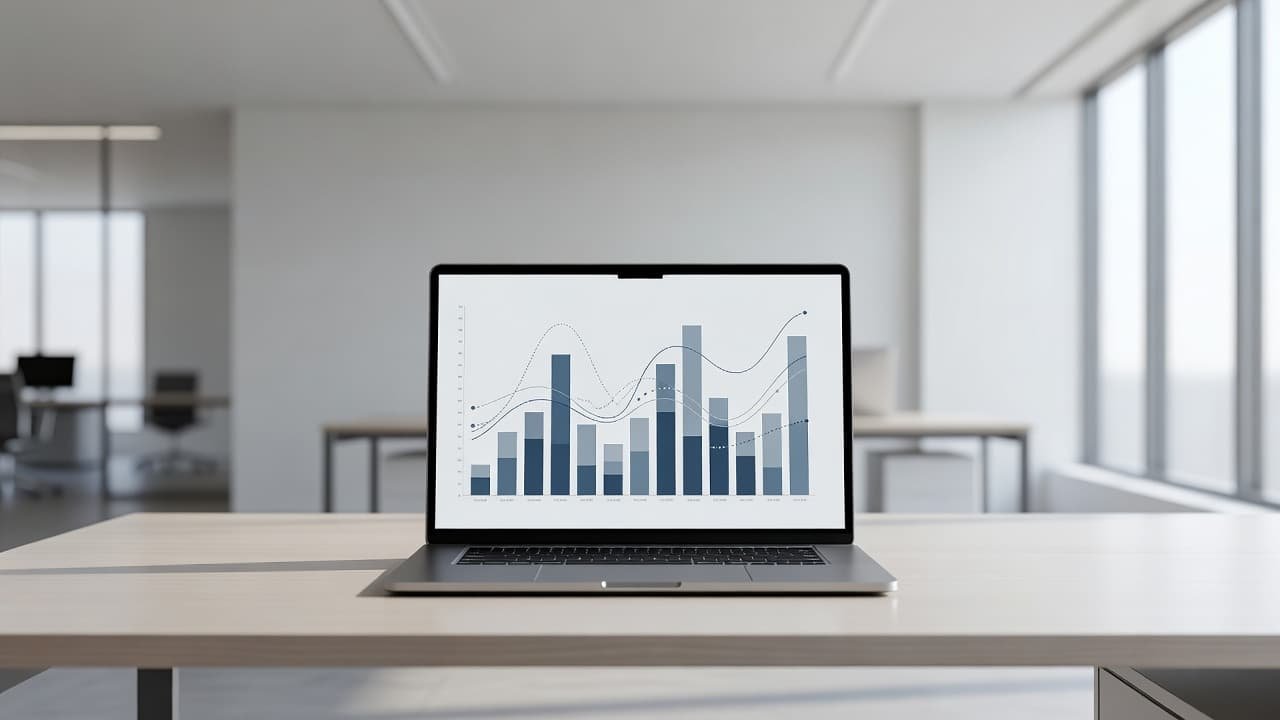 A sleek laptop displays complex data graphs and abstract bar charts on a clean office desk. The background features a soft-focus, minimalist workspace designed for technical engineering project analysis.
