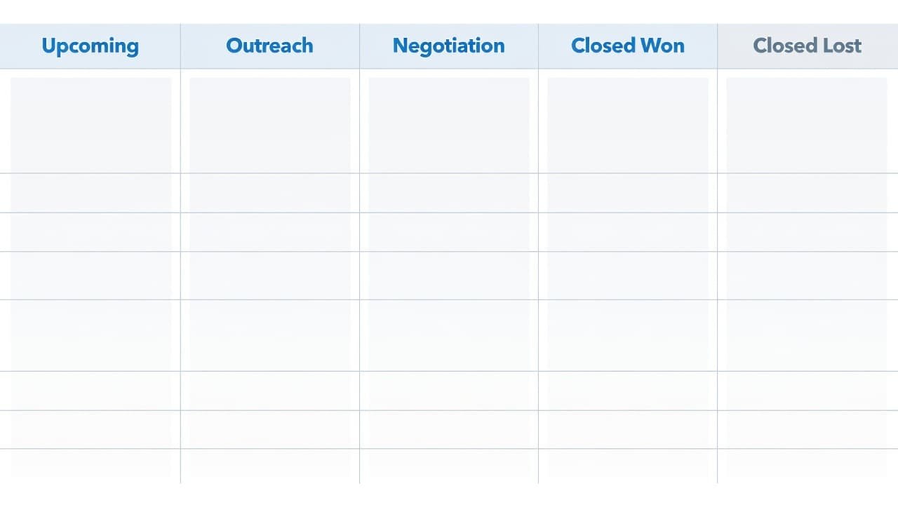 A flat UI design features five sequential columns in professional blue and grey tones. The stages represent the lifecycle from initial outreach to final deal closure in a clean SaaS environment.