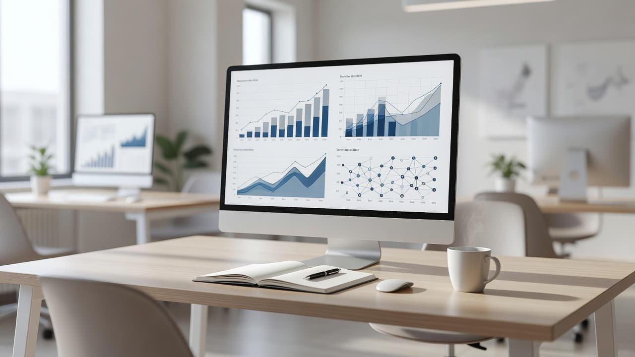 A minimalist desk features a large computer monitor displaying colorful abstract analytics charts alongside a leather-bound notebook and a steaming coffee mug. Soft daylight illuminates the clean, professional B2B office environment.
