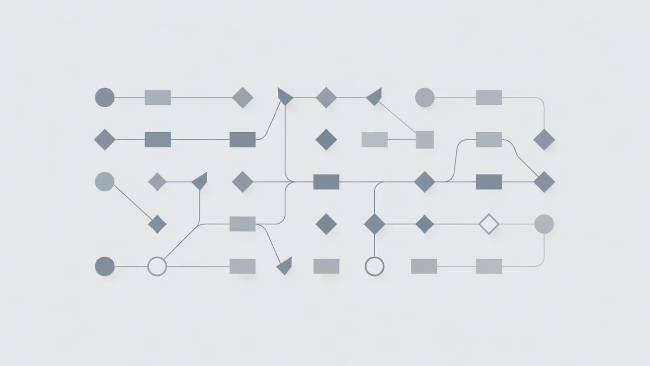 Thin grey lines connect various geometric shapes arranged in a flowing sequence on a plain background. Soft shadows beneath the floating nodes create a sense of depth and structured logic.