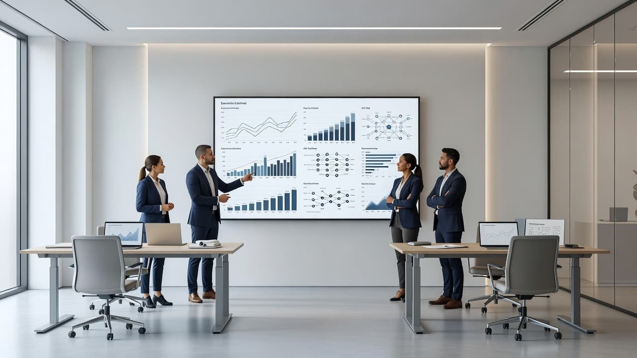 A focused team gathers around a large wall-mounted monitor displaying complex data visualizations and performance charts. The minimalist office features sleek ergonomic furniture and bright, soft natural light streaming inward.