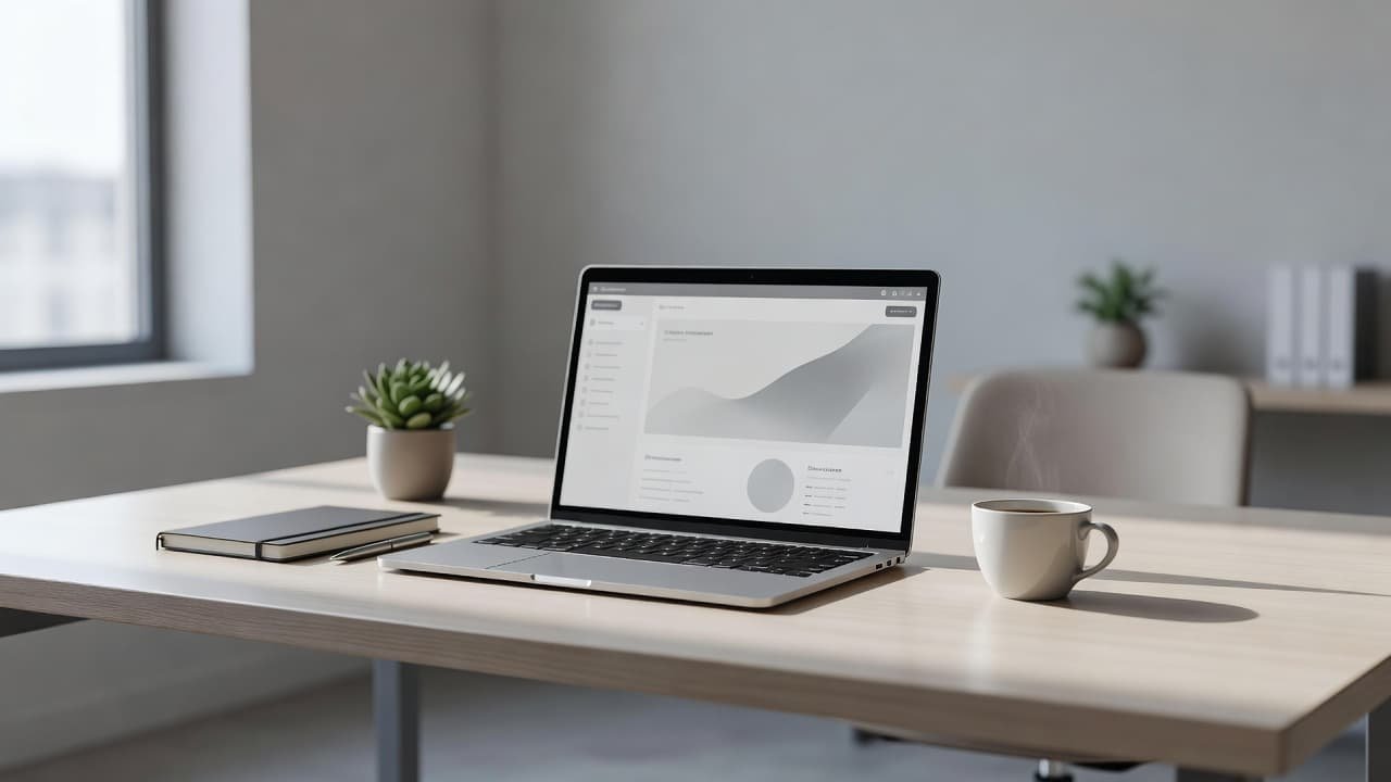 A sleek laptop sits on a minimalist desk next to a steaming cup of coffee. The workspace features soft, natural light, creating an organized environment for streamlined, just-in-time task execution.