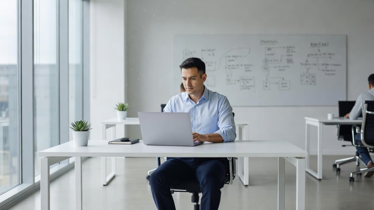 A professional sits at a minimalist desk inside a bright office, focused on a sleek laptop. Warm natural light illuminates the clean workspace, highlighting the collaborative and efficient environment for software engineering.