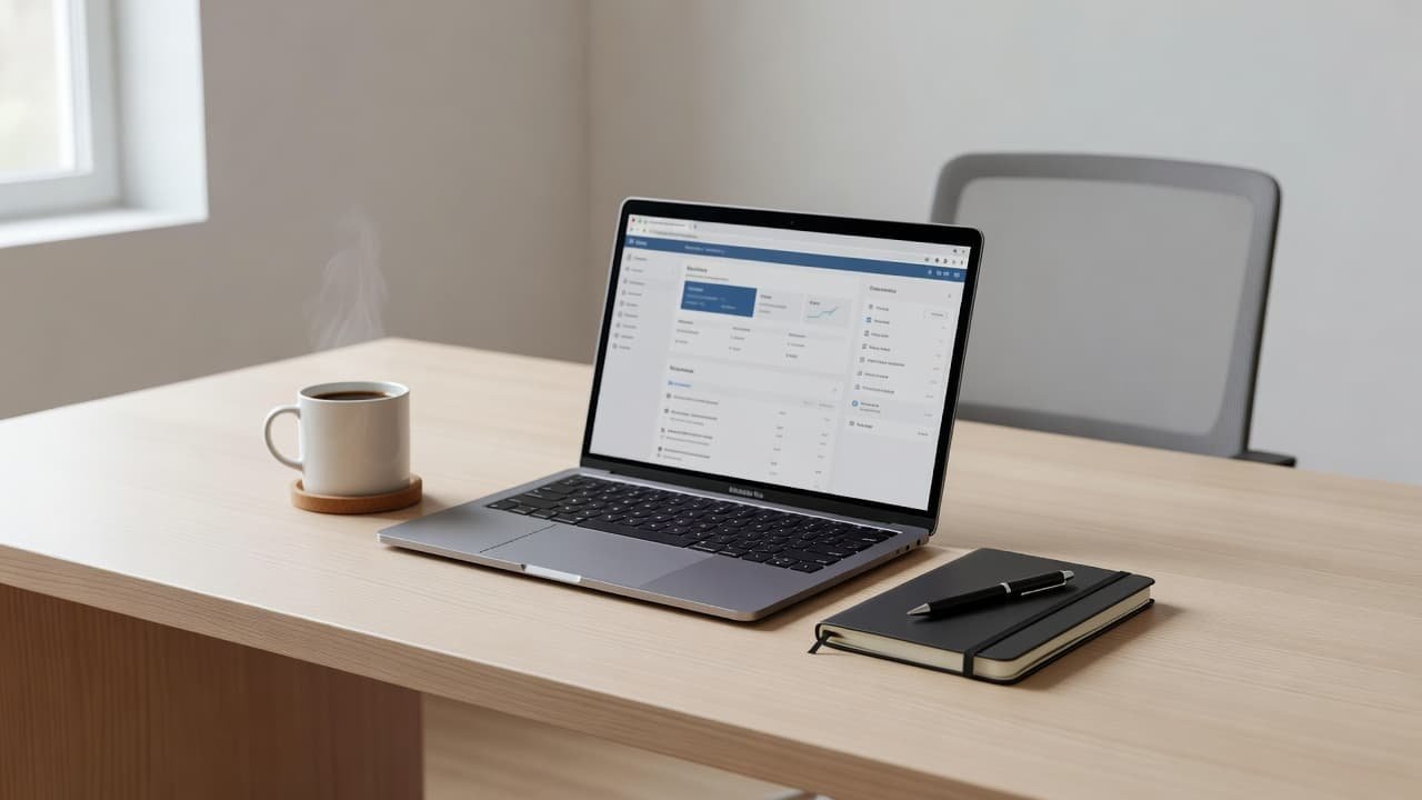 A sleek laptop showing a software interface rests on a minimalist desk next to an open notebook and steaming mug. Soft light filters across the organized surface, creating an efficient environment.
