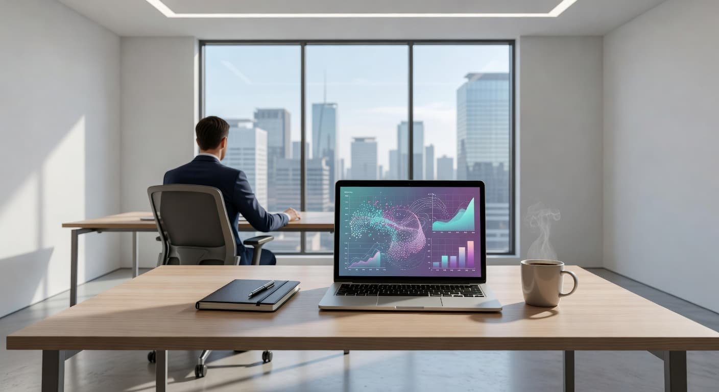 A person sits at a clean desk viewing colorful data charts on a laptop screen. Nearby, a notebook and steaming coffee mug occupy the minimalist surface, reflecting a focused professional atmosphere.