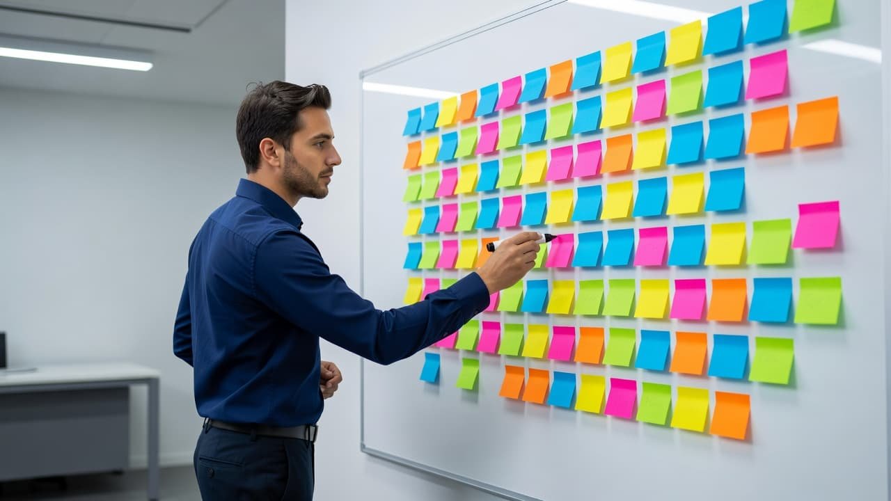 A focused professional stands before a large white board covered in vibrant sticky notes. The individual uses a marker to organize ideas while illuminated by soft, natural office lighting.