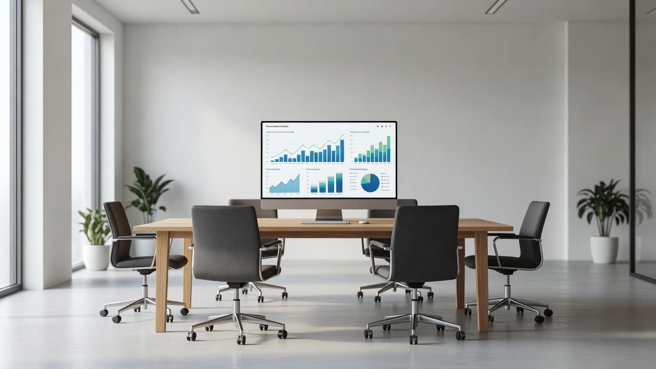 A minimalist desk features a large computer screen displaying colorful data charts and analytics dashboards. Soft natural sunlight illuminates the clean office space, highlighting a organized, technology-focused professional environment.
