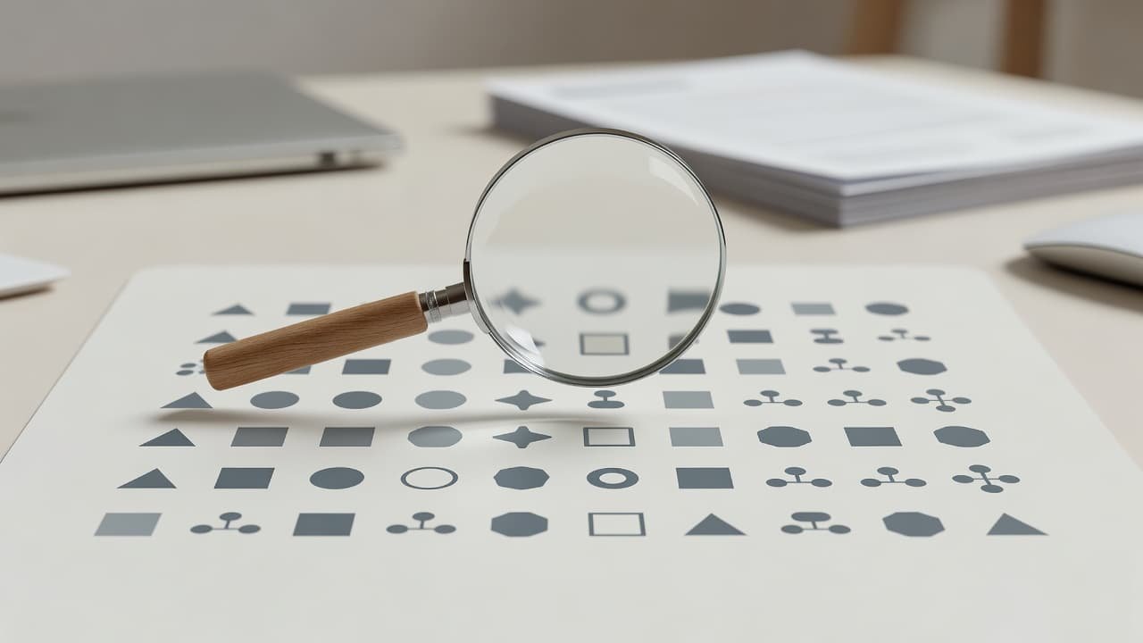 A silver magnifying glass rests above uniform rows of colorful geometric shapes on a pristine white surface. Soft lighting highlights the precise alignment of the icons during a detailed inspection.