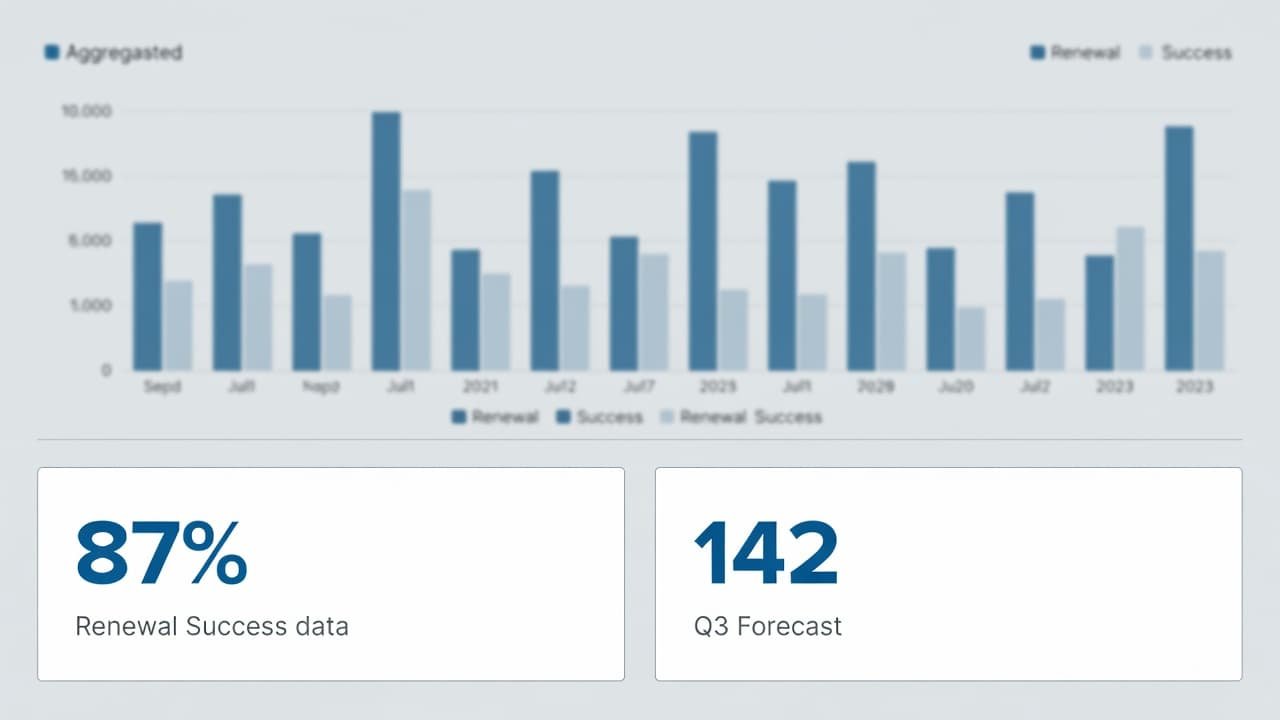 A clean dashboard layout features a central blue bar chart surrounded by two primary numerical data widgets. The minimalist interface utilizes soft grey tones to highlight key renewal success metrics.