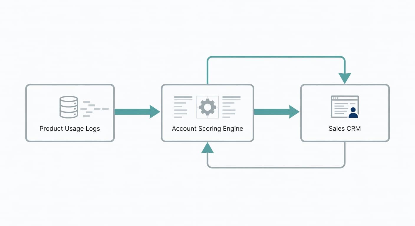 A professional flow chart features blue nodes representing usage logs and an account scoring engine. Connecting lines guide the data path toward a central CRM system displayed on a white background.