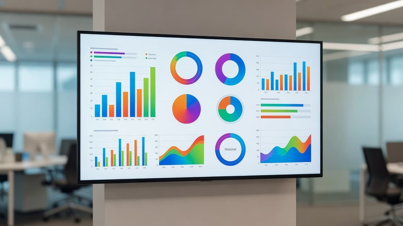 A wall-mounted monitor displays vibrant, abstract bar charts and circular progress rings in a professional setting. Soft ambient light illuminates the screen while a blurred office background provides deep focal depth.