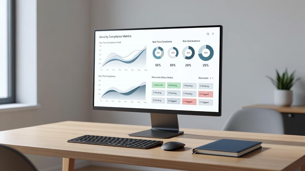 A sleek digital interface displays detailed security compliance metrics and abstract performance charts on a computer monitor. This professional setup sits on a clean, sunlit desk within a contemporary home office.