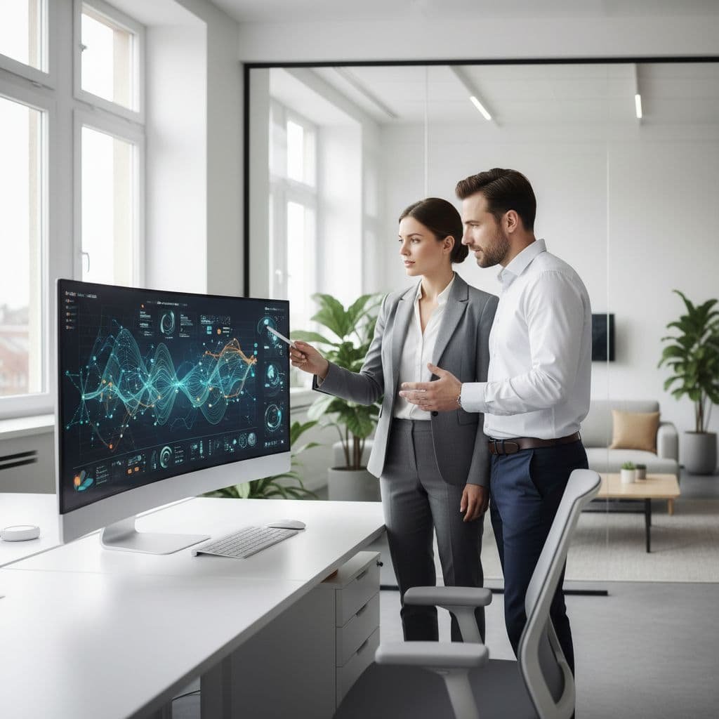 Two colleagues stand before a glowing computer monitor, observing complex colorful data visualizations. The bright, open-plan office features soft natural light reflecting off clean glass surfaces and minimal white architectural elements.