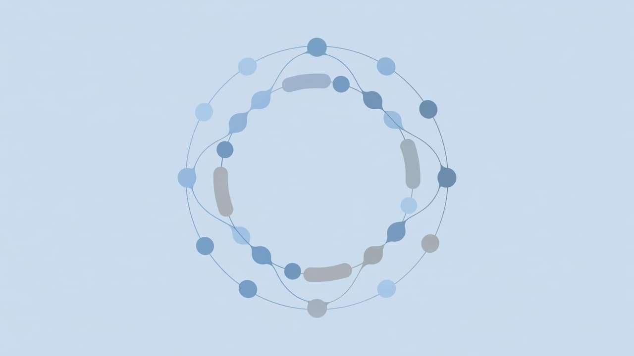 A minimalist graphic displays interconnected circular nodes linked by thin lines, forming a unified ring structure. The composition uses a sophisticated palette of soft blue and gray tones on white.