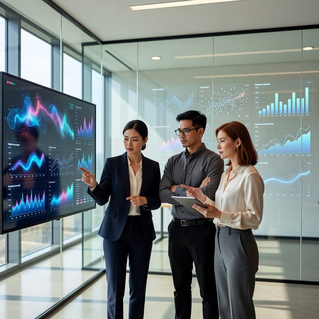 Three professionals stand together before a glass partition displaying glowing digital charts. They are intently focused on a large wall monitor that features intricate, colorful abstract data visualization patterns in bright light.