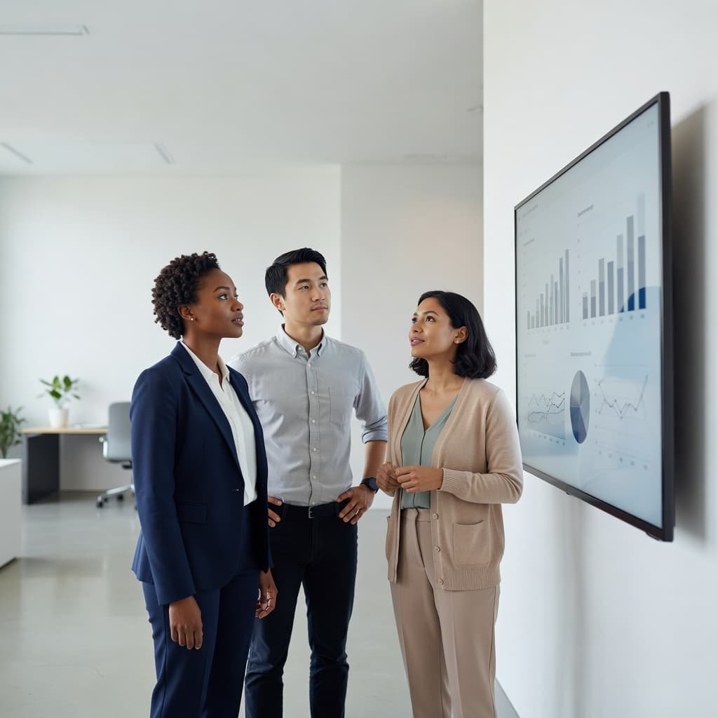 Three colleagues stand before a large wall-mounted monitor displaying colorful data charts and graphs. The bright, modern office features soft ambient lighting while the group focuses intently on the professional dashboard.