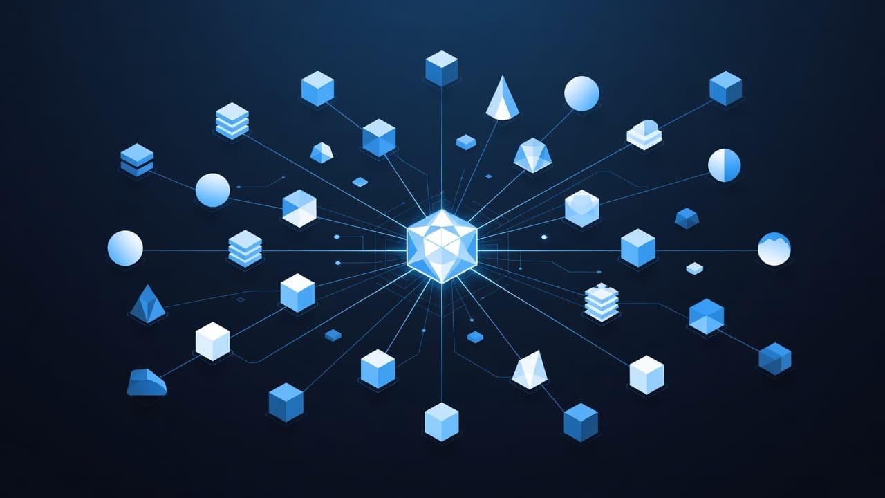 A glowing central geometric node serves as a primary connection point for various smaller surrounding nodes. Thin, glowing lines weave through a crisp white background to represent interconnected cloud software applications.