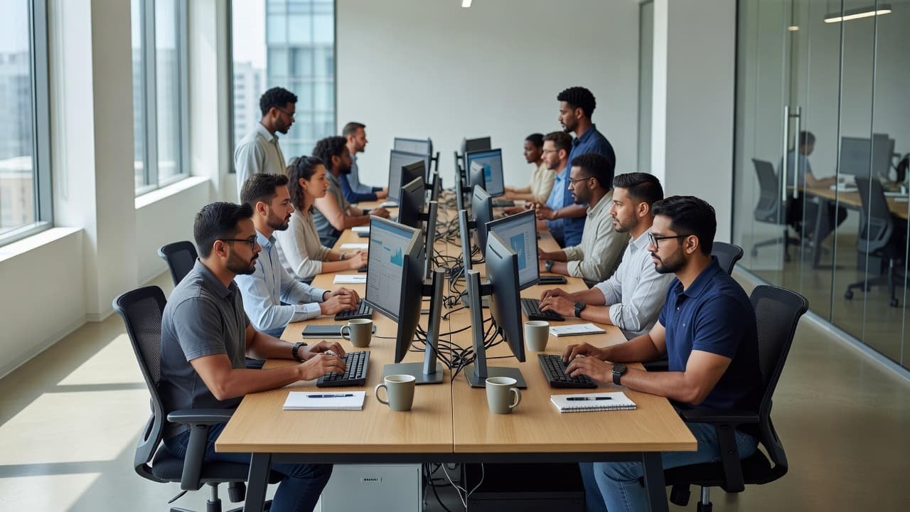 An agent working at a desk in a bright startup office with colleagues in the background.